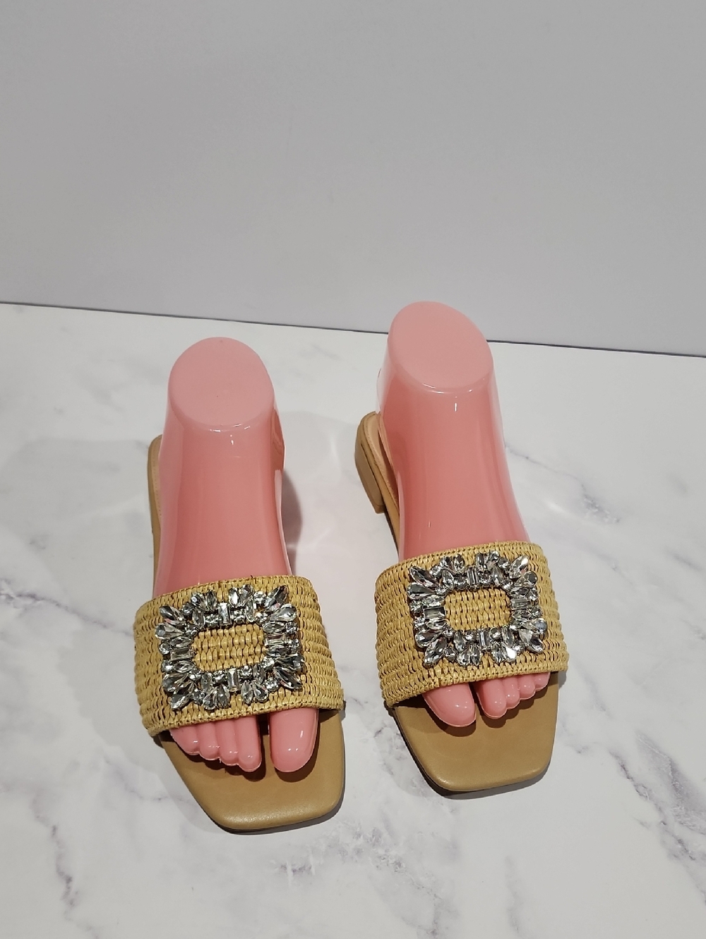 Steve Madden Crystal-Embellished Woven Straw Slide Sandals in Natural
